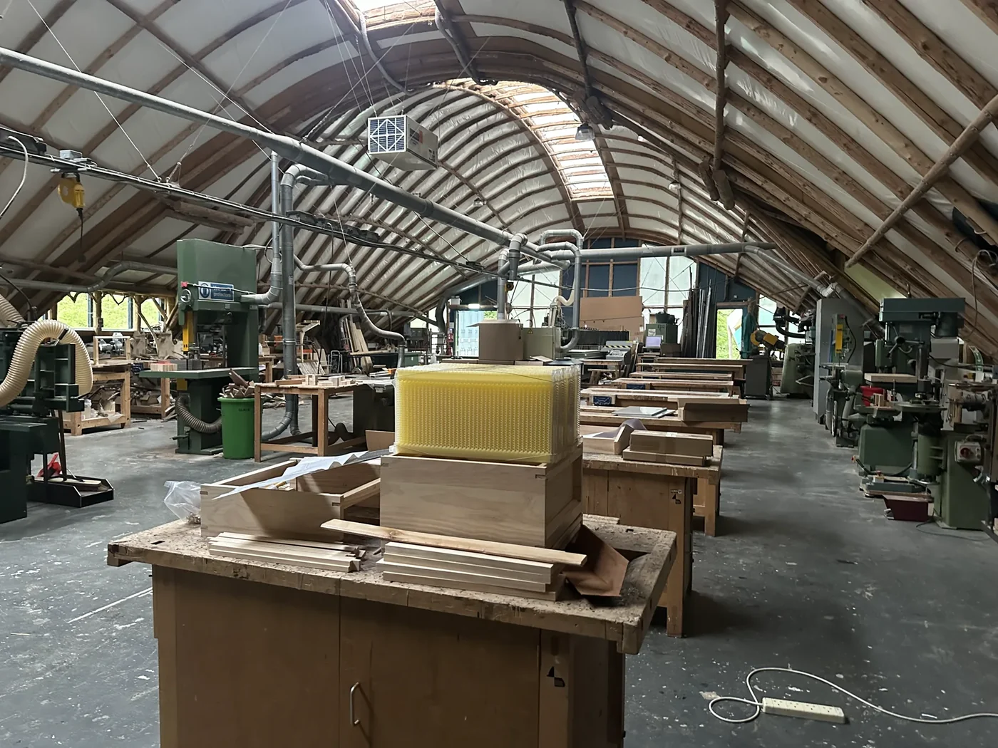 The timber workshop at Hooke Park, with field apparatus under construction.